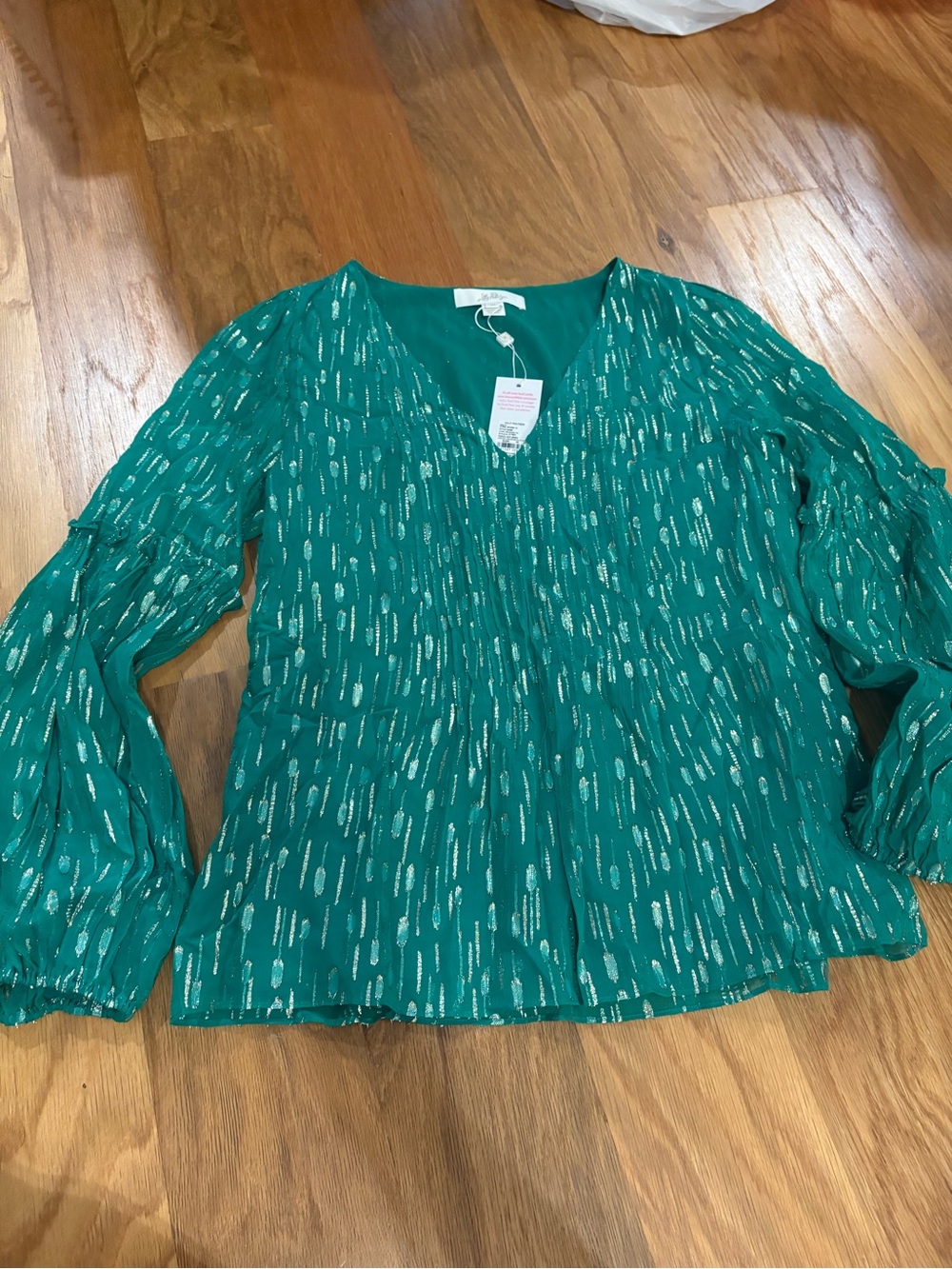 Lilly Pulitzer Emerald Green V-Neck Blouse with Gold Metallic Print